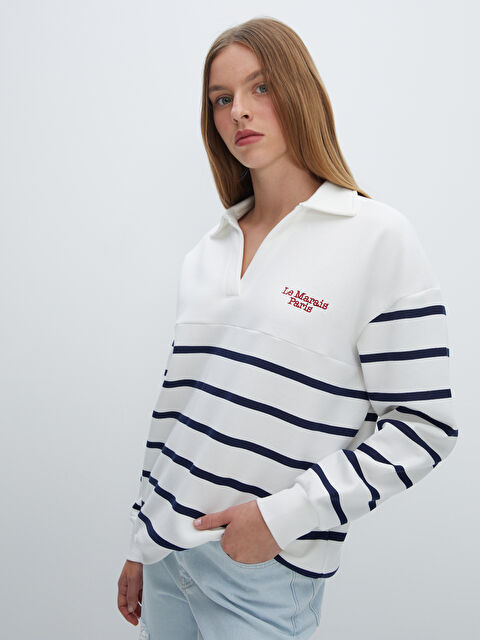 LCW Vision Polo Yaka Çizgili Oversize Kadın Kalın Sweatshirt - W4HI27Z8-R9J