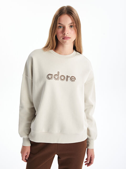LCW Vision Taşlı Oversize Kadın Kalın Sweatshirt - W4HI29Z8-G8H