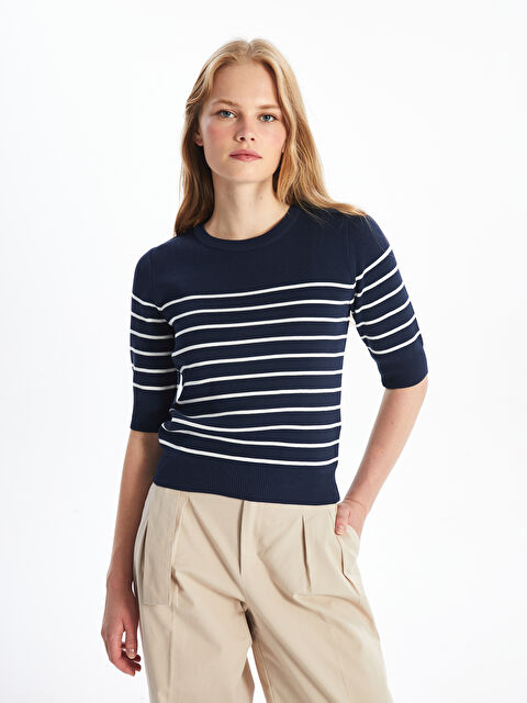 LCW Vision Bisiklet Yaka Çizgili Kısa Kollu Kadın Triko Kazak - W4HL97Z8-LGS