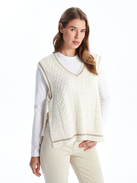 LCW Modest V Yaka Kendinden Desenli Kadın Triko Süveter - W4HN53Z8-FDU