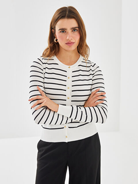 LCW Vision Bisiklet Yaka Çizgili Kadın Triko Hırka - W4HN96Z8-LEG