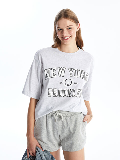 XSIDE Bisiklet Yaka Baskılı Oversize Kadın Tişört - W4HO57Z8-EFN