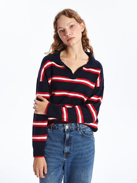 LCW Vision Polo Yaka Çizgili Oversize Kadın Triko Kazak - W4HP93Z8-E48