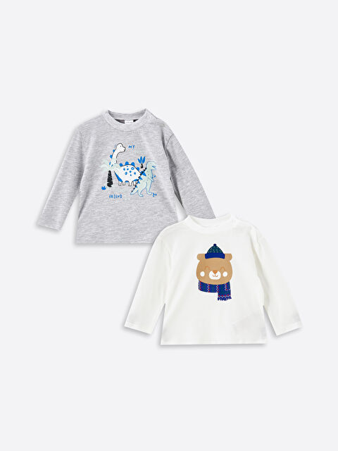 LCW Kids Bisiklet Yaka Uzun Kollu Baskılı Erkek Bebek Tişört 2'li - W4HR70Z1-R9J