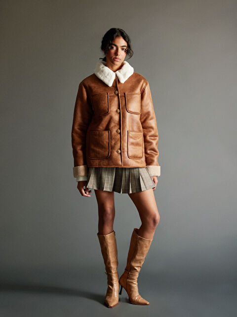 LCWAIKIKI Classic Bisiklet Yaka Kadın Süet Görünümlü Mont - W4HT78Z8-CTX