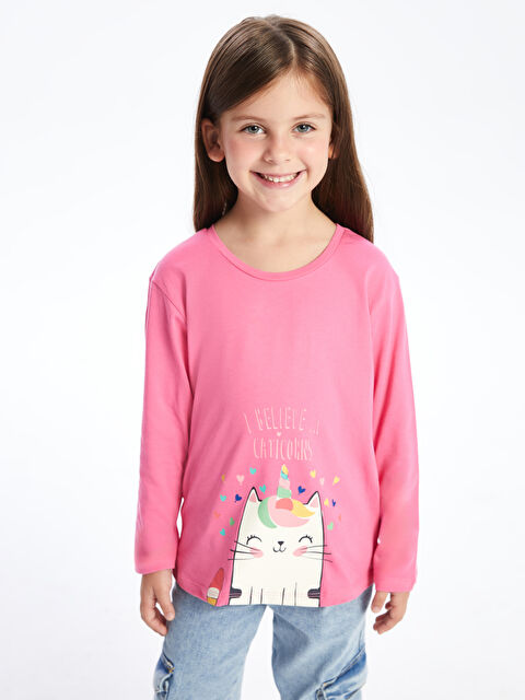 LCW Kids Bisiklet Yaka Baskılı Uzun Kollu Kız Çocuk Tişört - W4HY04Z1-Q6K