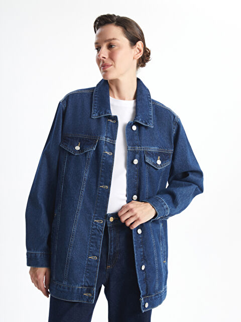 LCWAIKIKI Classic Gömlek Yaka Oversize Kadın Jean Ceket - W4HY20Z8-563