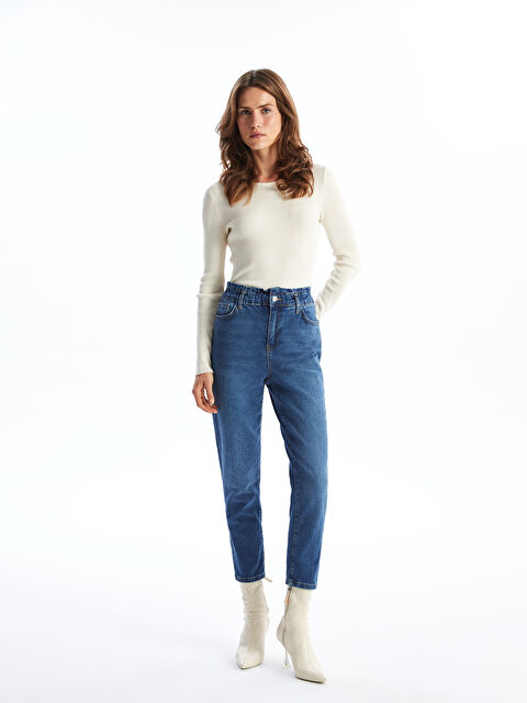 LCWAIKIKI Classic Beli Lastikli Paperbag Kadın Jean Pantolon - W4HY22Z8-H45