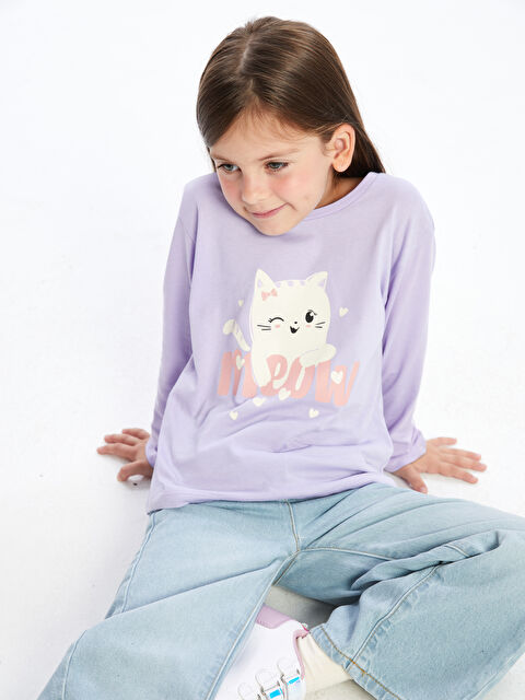 LCW Kids Bisiklet Yaka Uzun Kollu Baskılı Kız Çocuk Tişört - W4HY31Z1-QGH