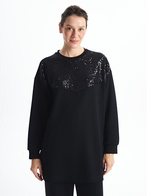 LCWAIKIKI Basic Payetli Oversize Kadın Sweatshirt Tunik - W4I255Z8-CVL