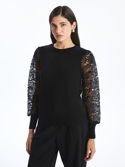 LCWAIKIKI Classic Bisiklet Yaka Dantel Detaylı Kadın Triko Kazak - W4I380Z8-CVL