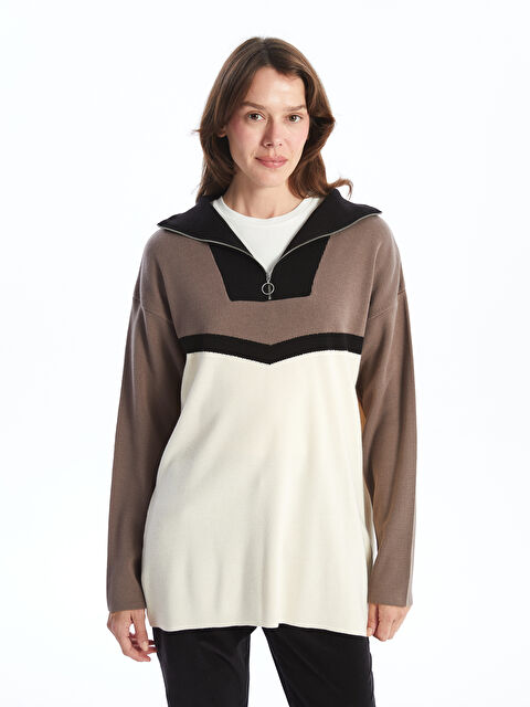 LCWAIKIKI Classic Dik Yaka Renk Bloklu Kadın Triko Tunik - W4I412Z8-DFV