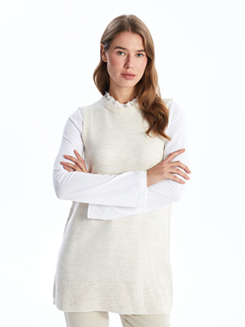 LCW Modest Kadın Fırfırlı Dik Yaka Düz Triko Süveter - W4I537Z8-R9J