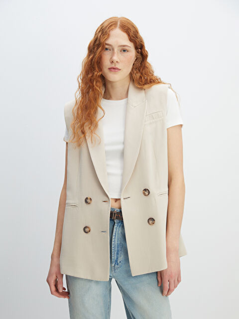 LCW Vision Kruvaze Yaka Düz Keten Karışımlı Kadın Klasik Yelek - W4I916Z8-PVL