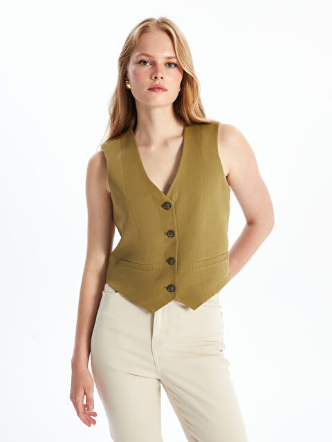 LCW Vision V Yaka Düz Keten Karışımlı Kadın Klasik Yelek - W4I917Z8-QGP
