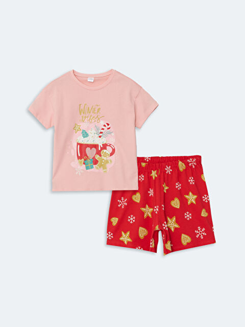 LCW Kids Bisiklet Yaka Baskılı Kısa Kollu Kız Çocuk Şortlu Pijama Takımı - W4ID31Z4-G21