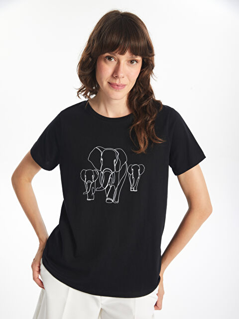 LCWAIKIKI Basic Bisiklet Yaka Baskılı Kadın Tişört - W4ID38Z8-CVL