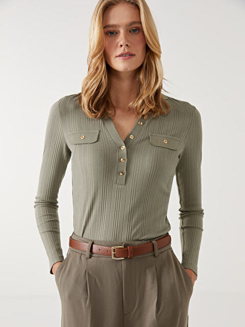 LCW Vision Polo Yaka Dokulu Kadın Tişört - W4IE19Z8-GWK