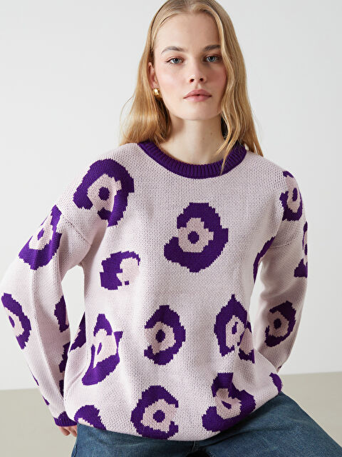 LCW Vision Crew Neck Patterned Oversize Women's Knitwear Sweater - W4IE51Z8-MLW