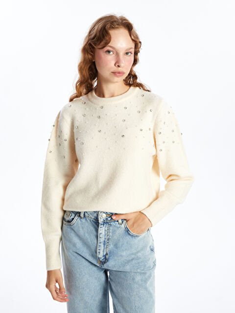 LCW Vision Bisiklet Yaka Taş İşlemeli Kadın Triko Kazak - W4IG27Z8-R9J