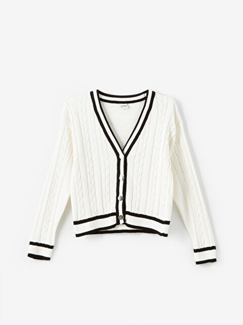 LCW Kids V Yaka Saç Örgüsü Desenli Uzun Kollu Kız Çocuk Triko Hırka - W4IJ24Z4-FDH