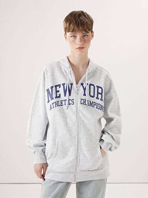 XSIDE ACTIVE Kapüşonlu Baskılı Oversize Kadın Kalın Fermuarlı Sweatshirt - W4IK50Z8-LAL