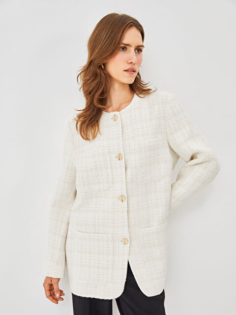 LCWAIKIKI Classic Bisiklet Yaka Ekose Uzun Kollu Kadın Tüvit Blazer Ceket - W4IL57Z8-R9J