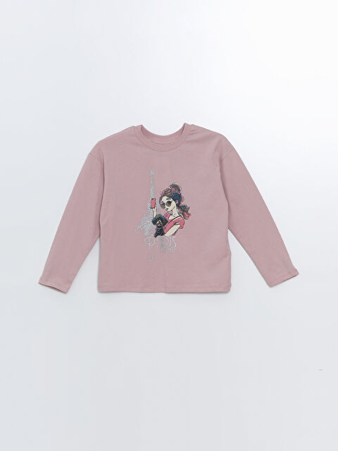 LCW Kids Bisiklet Yaka Baskılı Uzun Kollu Kız Çocuk Tişört - W4IM68Z4-FHR