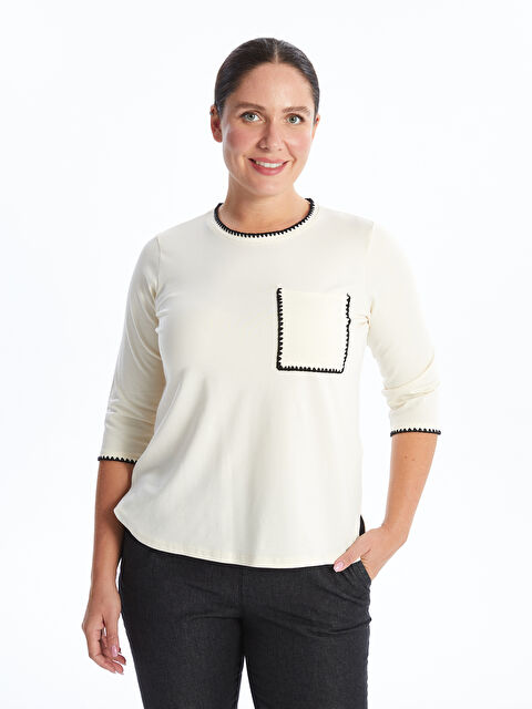 LCW Grace Bisiklet Yaka Nakışlı Kadın Tişört - W4IQ02Z8-FRC