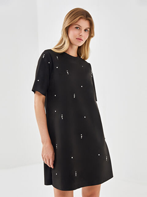 LCW Comfort Bisiklet Yaka Parlak Taşlı Süet Elbise - W4IQ62Z8-CVL