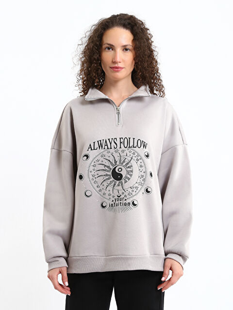 LCW Vision Funnel Neck Printed Oversize Women's Thick Sweatshirt - W4IS51Z8-D5P