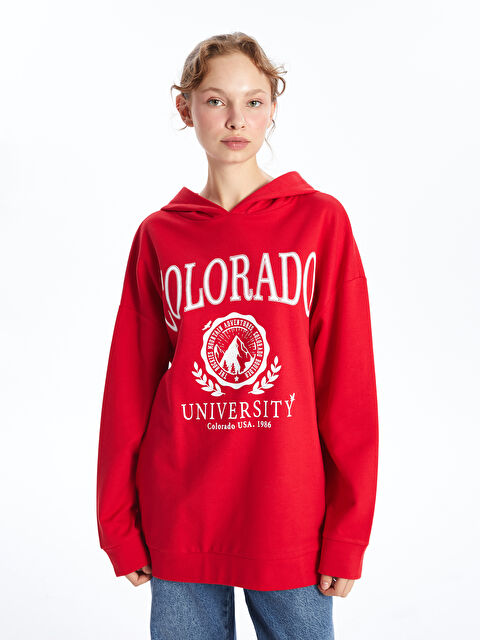 LC WAIKIKI Kapüşonlu Baskılı Oversize Kadın Kalın Sweatshirt Tunik - W4IS98Z8-SWY