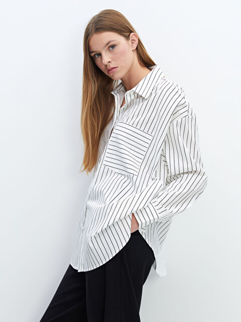 LCW Vision Çizgili Oversize Poplin Kadın Gömlek - W4IU63Z8-LEG
