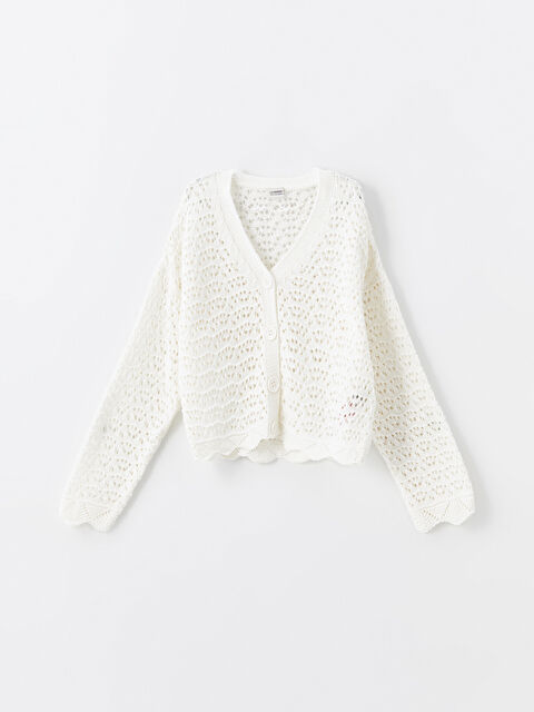 LCW Kids V Yaka Ajurlu Kız Çocuk Triko Hırka - W4IY08Z4-FDH