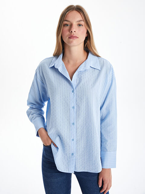 LCW Vision Çizgili Oversize Kadın Gömlek - W4IY09Z8-CU2