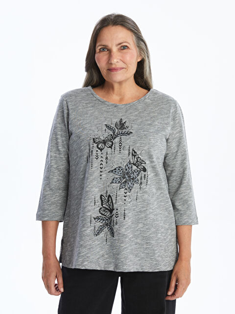 LCW Grace Bisiklet Yaka Baskılı Kadın Tişört - W4IY73Z8-D2X