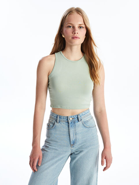 LCW Vision Women's Crew Neck Plain Crop Top - W4J021Z8-G8H