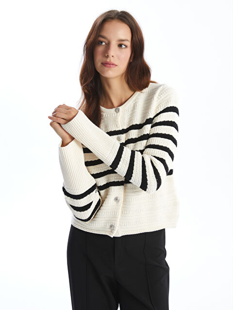 LCW Vision Bisiklet Yaka Çizgili Kadın Triko Hırka - W4J055Z8-LEG