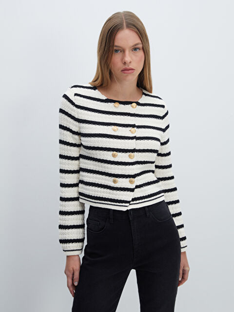 LCW Vision Bisiklet Yaka Çizgili Kadın Triko Hırka - W4J060Z8-LEG