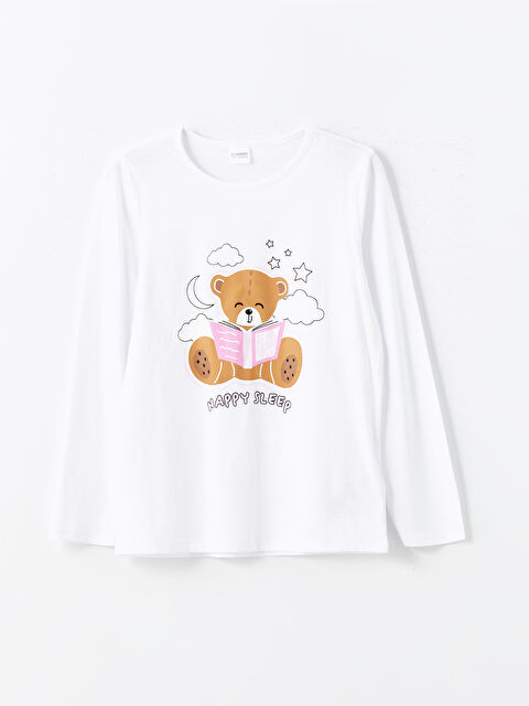 LCW Kids Bisiklet Yaka Ayı Teddy Baskılı Kız Çocuk Pijama Üst - W4J107Z4-Q6K