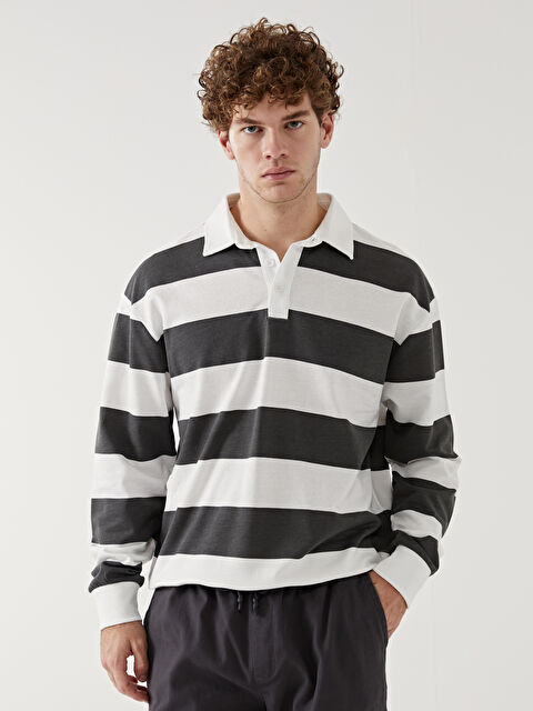 XSIDE Polo Yaka Uzun Kollu Çizgili Erkek Kalın Sweatshirt - W4J165Z8-LRW