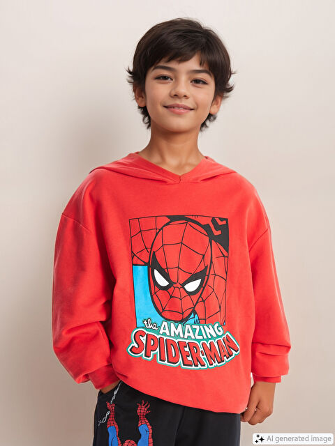 LCW Kids Kapüşonlu Spider-Man Baskılı Uzun Kollu Erkek Çocuk Sweatshirt - W4J189Z4-GYE