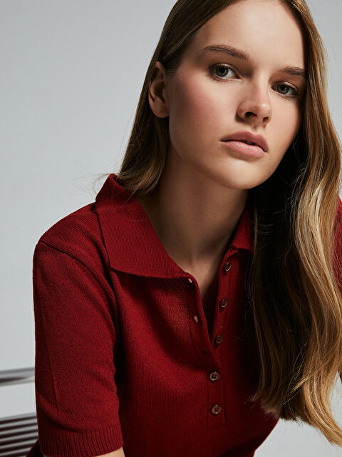 LCW Vision Polo Yaka Düz Kısa Kollu Kadın Triko Kazak - W4J433Z8-HQT