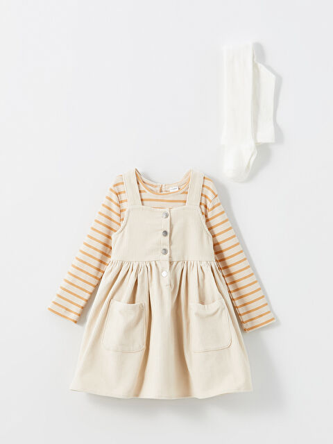 LCW Kids Kare Yaka Kadife Kız Bebek Elbise ve Tişört 2'li - W4J593Z1-R9J