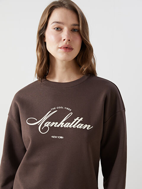 LCW Modest Bisiklet Yaka Baskılı Oversize Kadın Kalın Sweatshirt Tunik - W4J684Z8-HEH