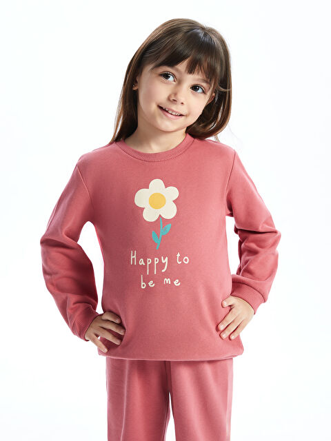 LCW Kids Bisiklet Yaka Çiçekli Kız Çocuk Sweatshirt ve Eşofman Alt 2'li - W4J915Z1-H4J