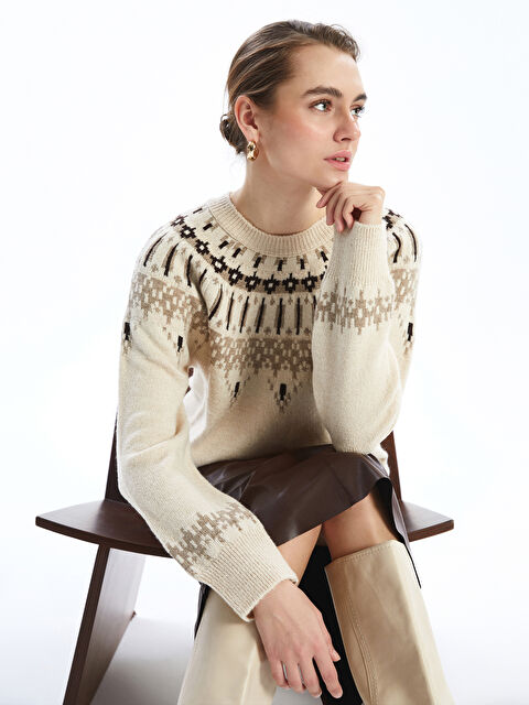 LCWAIKIKI Basic Bisiklet Yaka Desenli Kadın Triko Kazak - W4J941Z8-KXQ