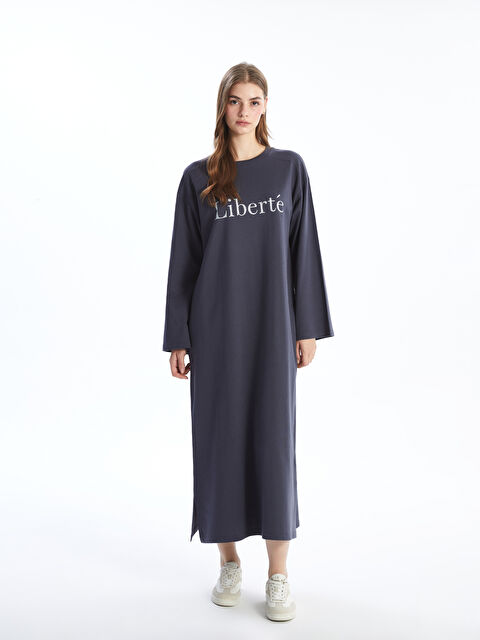 LCW Modest Bisiklet Yaka Baskılı Oversize Kadın Sweat Elbise - W4J942Z8-E95