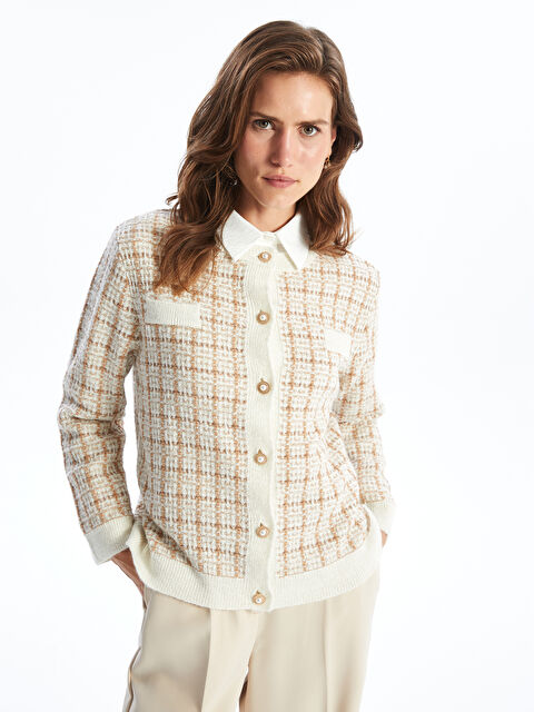 LCWAIKIKI Basic Bisiklet Yaka Desenli Kadın Triko Hırka - W4JC18Z8-MJQ