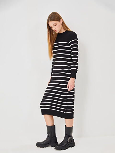 LCW Vision Bisiklet Yaka Çizgili Kadın Triko Elbise - W4JD43Z8-LFC
